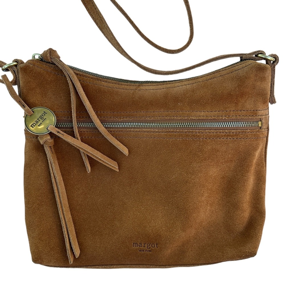 Margot‎ New York Mary Scoop Double Zipper Golden Tan Suede Leather Shoulder Bag